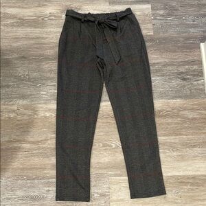 Plaid paper bag soft dress pants with attached belt.